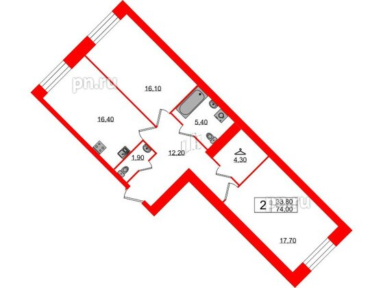 Квартира в ЖК Листва, 2 комнатная, 74 м², 2 этаж