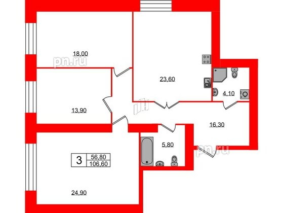 Квартира в ЖК Листва, 3 комнатная, 106.6 м², 2 этаж