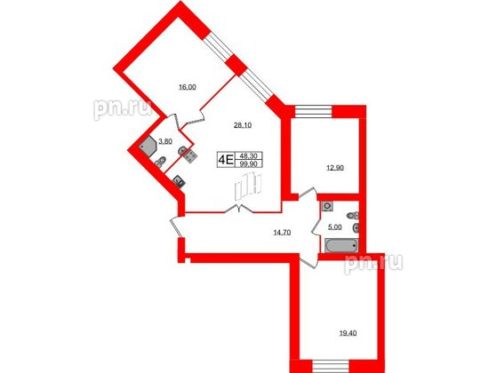 Квартира в ЖК «Листва», 3 комнатная, 99.9 м², 2 этаж