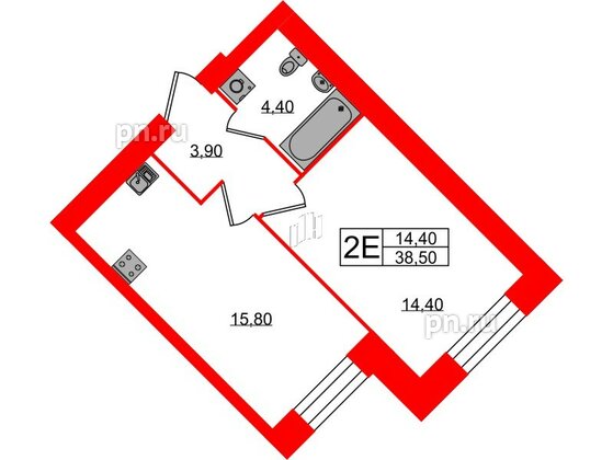 Квартира в ЖК Листва, 1 комнатная, 38.5 м², 2 этаж