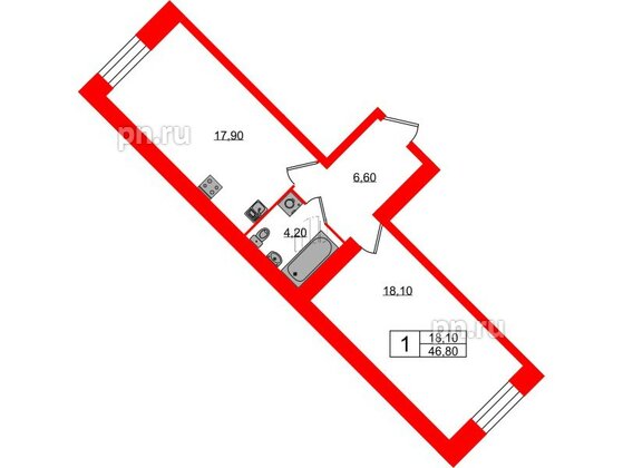 Квартира в ЖК Листва, 1 комнатная, 46.8 м², 2 этаж