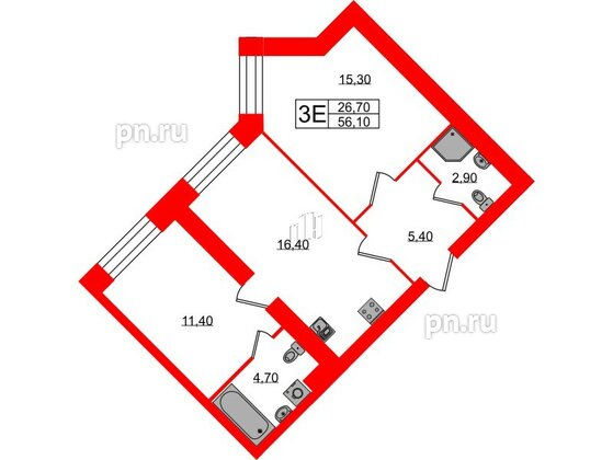 Квартира в ЖК Листва, 2 комнатная, 56.1 м², 2 этаж