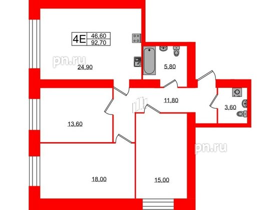 Квартира в ЖК Листва, 3 комнатная, 92.7 м², 2 этаж