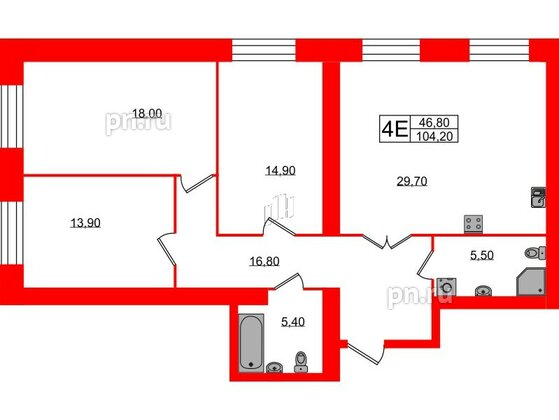 Квартира в ЖК Листва, 3 комнатная, 104.2 м², 2 этаж