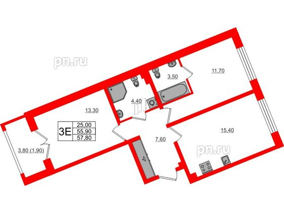 Квартира в ЖК «Пулково Lake», 2 комнатная, 57.8 м², 2 этаж