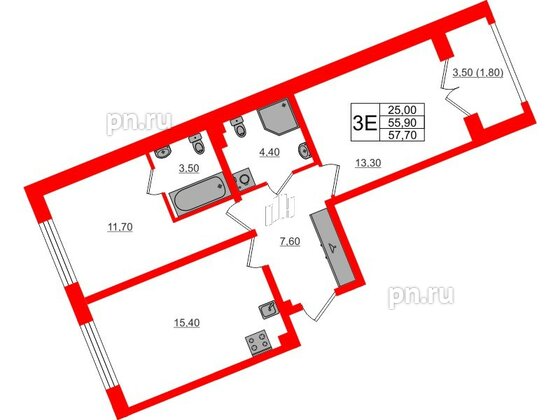 Квартира в ЖК «Пулково Lake», 2 комнатная, 57.7 м², 2 этаж