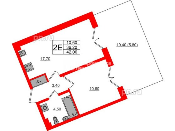 Квартира в ЖК «Пулково Лейк», 1 комнатная, 42 м², 1 этаж