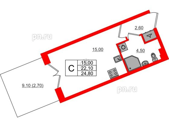 Квартира в ЖК «Пулково Lake», студия, 24.8 м², 1 этаж