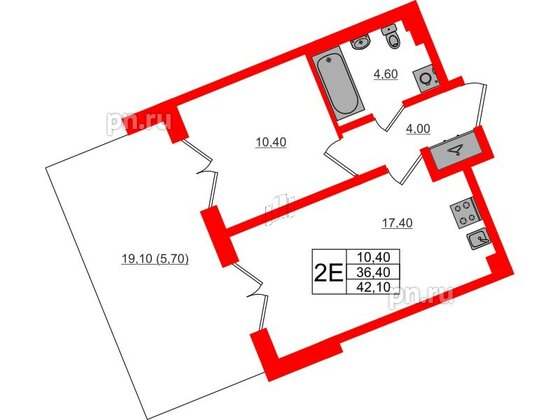 Квартира в ЖК «Пулково Lake», 1 комнатная, 42.1 м², 1 этаж