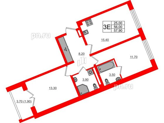 Квартира в ЖК «Пулково Lake», 2 комнатная, 57.9 м², 3 этаж