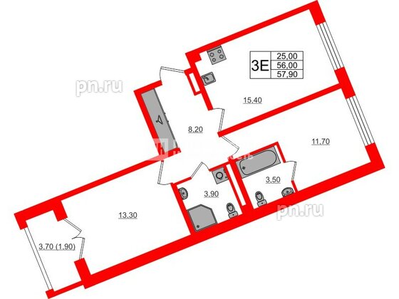 Квартира в ЖК «Пулково Lake», 2 комнатная, 57.9 м², 4 этаж