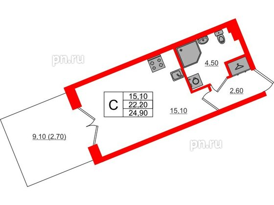 Квартира в ЖК «Пулково Lake», студия, 24.9 м², 1 этаж