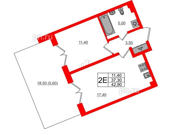 Квартира в ЖК «Пулково Lake», 1 комнатная, 42.9 м², 1 этаж