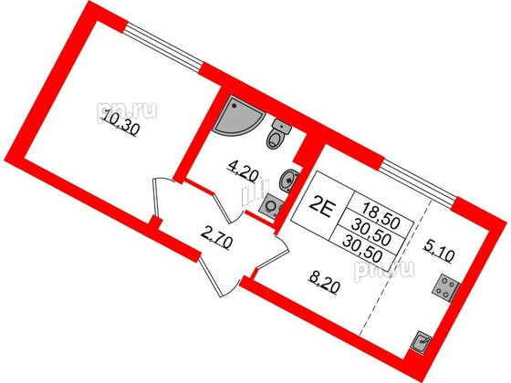 Квартира в ЖК «Ручьи–2», 1 комнатная, 30.5 м², 2 этаж