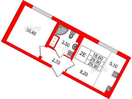 Квартира в ЖК «Ручьи–2», 1 комнатная, 29.9 м², 8 этаж