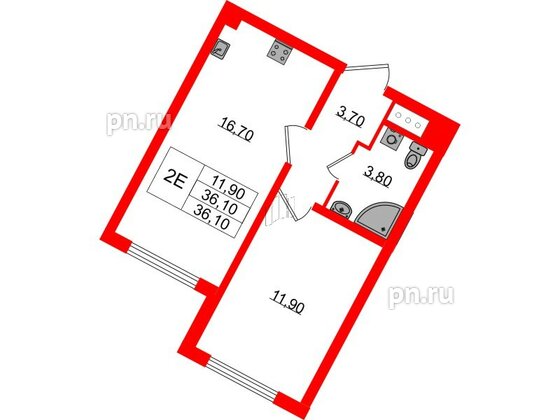 Квартира в ЖК «Ручьи–2», 1 комнатная, 36.1 м², 8 этаж