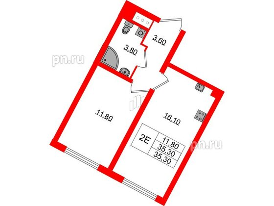 Квартира в ЖК «Ручьи–2», 1 комнатная, 35.3 м², 6 этаж