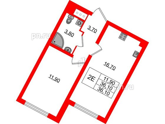 Квартира в ЖК «Ручьи–2», 1 комнатная, 36.1 м², 8 этаж