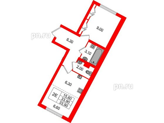 Квартира в ЖК «Ручьи–2», 2 комнатная, 33.9 м², 1 этаж