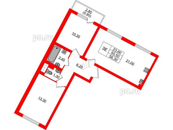 Квартира в ЖК «Ручьи–2», 2 комнатная, 56.3 м², 3 этаж