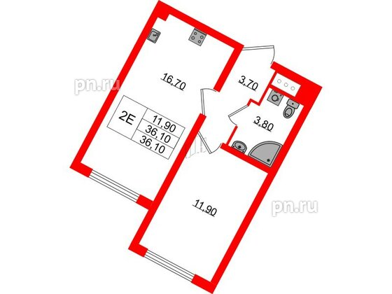 Квартира в ЖК «Ручьи–2», 1 комнатная, 36.1 м², 6 этаж