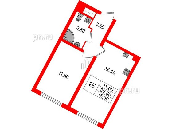 Квартира в ЖК «Ручьи–2», 1 комнатная, 35.3 м², 14 этаж