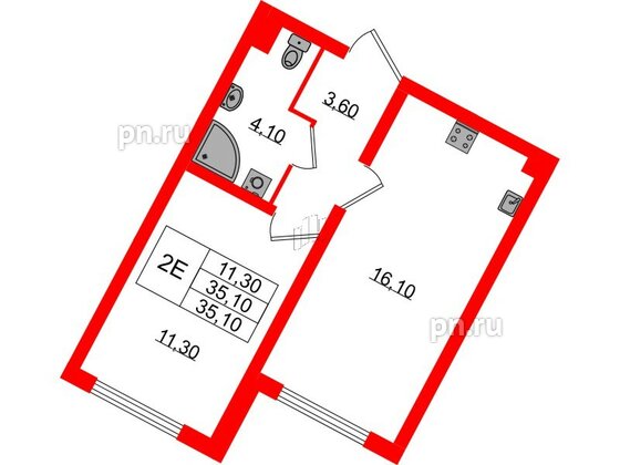 Квартира в ЖК «Ручьи–2», 1 комнатная, 35.1 м², 1 этаж