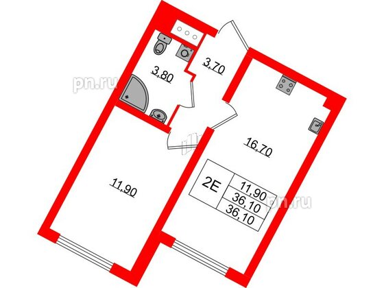 Квартира в ЖК «Ручьи–2», 1 комнатная, 36.1 м², 4 этаж