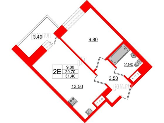 Квартира в ЖК Стороны Света, 1 комнатная, 31.4 м², 2 этаж