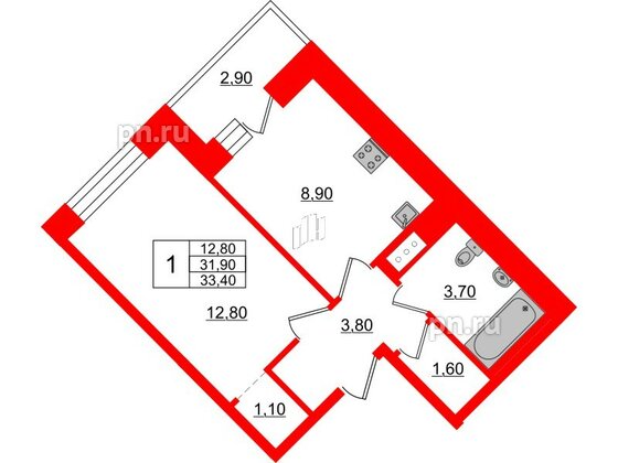 Квартира в ЖК Стороны Света, 1 комнатная, 33.4 м², 2 этаж