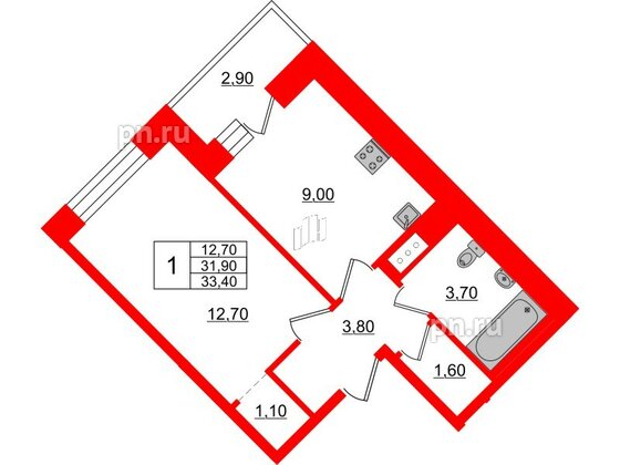 Квартира в ЖК Стороны Света, 1 комнатная, 33.4 м², 3 этаж