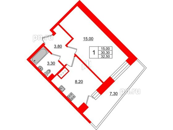 Квартира в ЖК Стороны Света, 1 комнатная, 32.5 м², 2 этаж