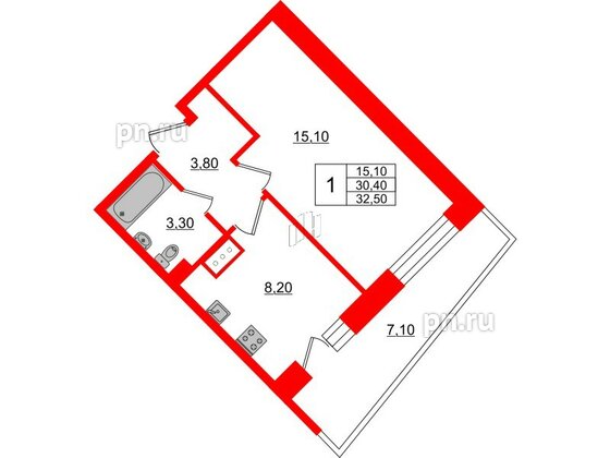 Квартира в ЖК Стороны Света, 1 комнатная, 32.5 м², 5 этаж