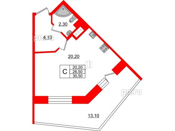 Квартира в ЖК Стороны Света, студия, 30.5 м², 2 этаж