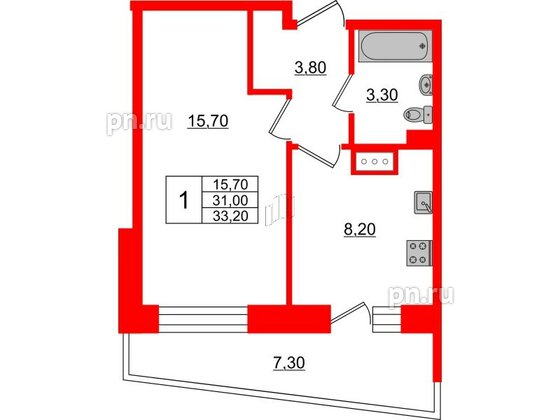 Квартира в ЖК Стороны Света, 1 комнатная, 33.2 м², 5 этаж