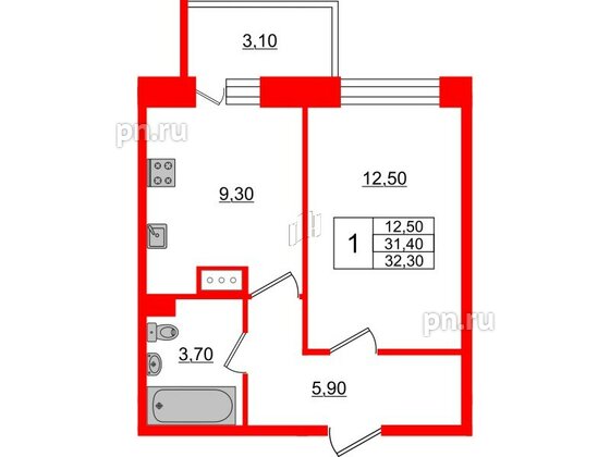 Квартира в ЖК Стороны Света, 1 комнатная, 32.3 м², 2 этаж