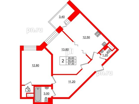 Квартира в ЖК Стороны Света, 2 комнатная, 57.5 м², 2 этаж