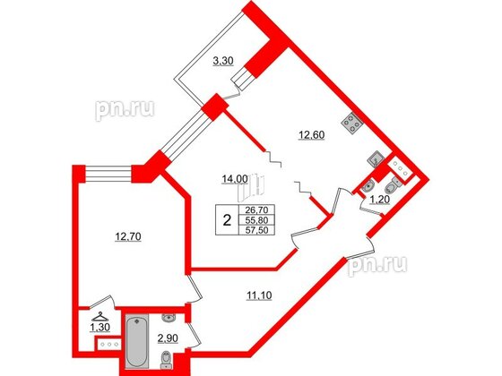 Квартира в ЖК Стороны Света, 2 комнатная, 57.5 м², 5 этаж