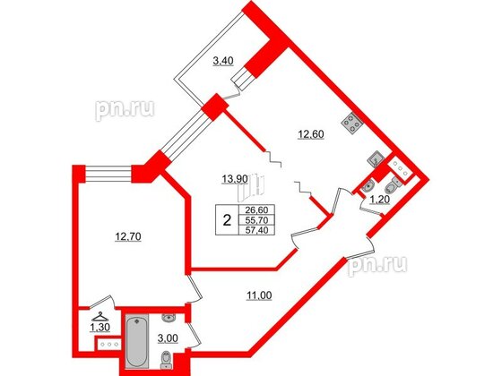 Квартира в ЖК Стороны Света, 2 комнатная, 57.4 м², 8 этаж