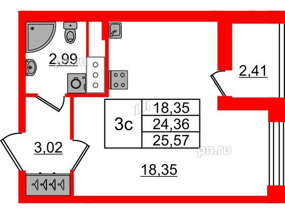 Квартира в ЖК «Город звёзд», студия, 24.36 м², 3 этаж