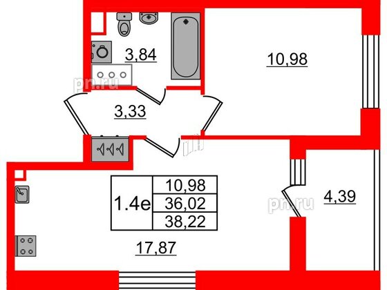 Квартира в ЖК «Город звёзд», 1 комнатная, 36.02 м², 3 этаж