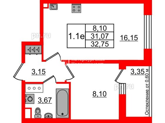 Квартира в ЖК «Город звёзд», 1 комнатная, 31.07 м², 12 этаж