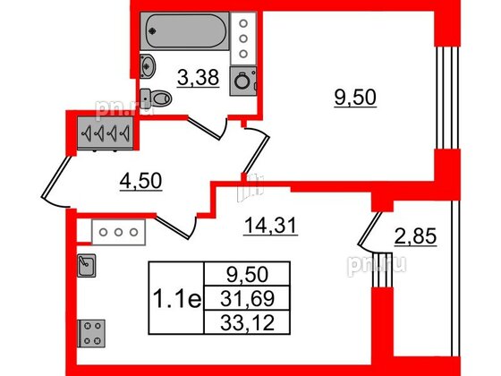 Квартира в ЖК «Город звёзд», 1 комнатная, 31.69 м², 23 этаж