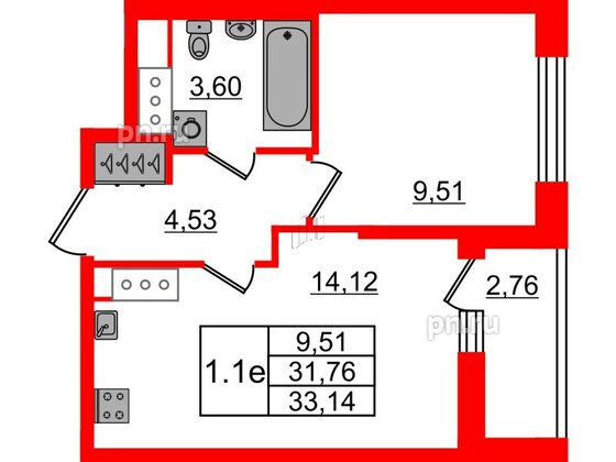 Квартира в ЖК «Город звёзд», 1 комнатная, 31.76 м², 9 этаж