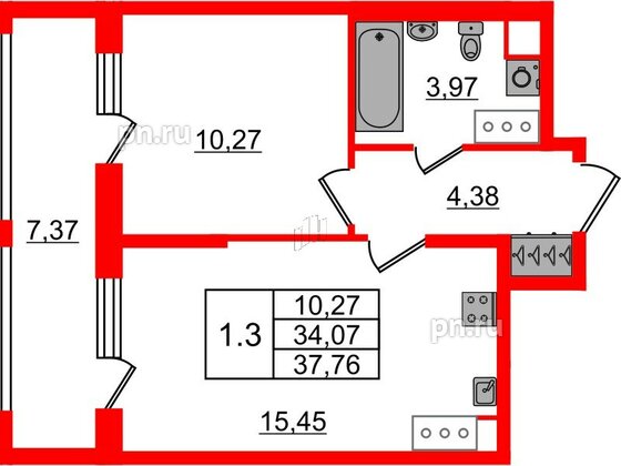 Квартира в ЖК «Город звёзд», 1 комнатная, 34.07 м², 21 этаж