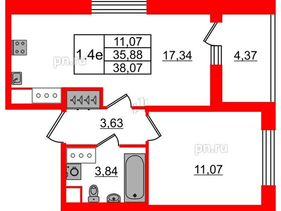 Квартира в ЖК «Город звёзд», 1 комнатная, 35.88 м², 7 этаж