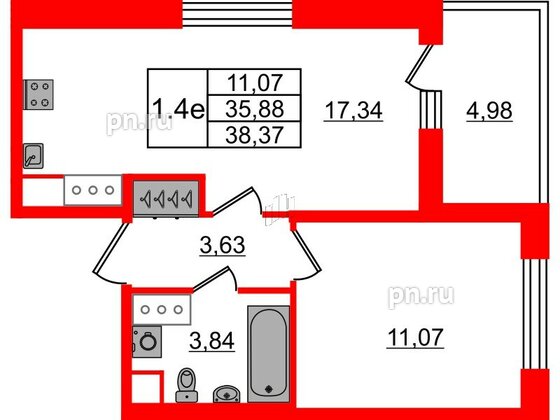 Квартира в ЖК «Город звёзд», 1 комнатная, 35.88 м², 3 этаж