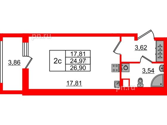 Квартира в ЖК «Город звёзд», студия, 24.97 м², 1 этаж