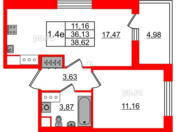 Квартира в ЖК «Город звёзд», 1 комнатная, 36.13 м², 19 этаж