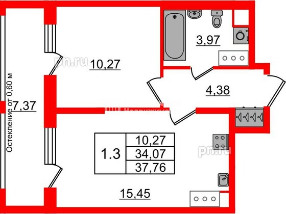 Квартира в ЖК «Город звёзд», 1 комнатная, 34.07 м², 19 этаж